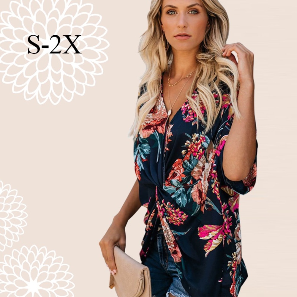 Navy Floral Twist Top Sizes S-2X - Picture 6 of 6